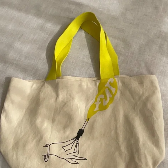 •Cotton Graphic Shopping Reusable Large Cream YellowTote NWOT - Picture 10 of 11